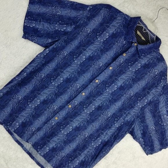 Paradise Collection‎ Mens Shirt Button Down Short Sleeve Blue Floral Stripe XL - Picture 7 of 13